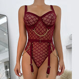 Ellolace Plaid Bodysuit Sensual Lingerie With Chain Open Crotchless Teddy Bear Transparent Lace Sissy Erotic Body Sexy Tights