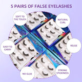 5 Pairs-Reusable Self-adhesive False Eyelashes with Tweezer Natural Waterproof Adhesive Tape Eye Lashes to Wear No Glue Needed