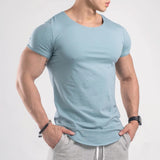 Gym T-shirt Men&#39;s Fitness Workout Cotton Shirt Male Bodybuilding Running Training Skinny Tee Tops Summer Casual Solid Clothing