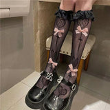 Cute Bow Lace Top Thigh High Stockings Elastic Women Hollow Out Fishnet Over Knee Bowknot Anime Cosplay Hosiery Sexy Lingerie