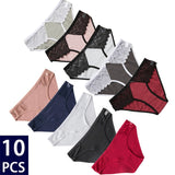 10Pcs/set Cotton Panties Women Sexy Floral Lace Panty Underwear Lingerie Solid Color Female Underpants Intimates Lady 2021 New