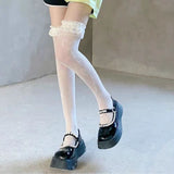 Cute Bow Lace Top Thigh High Stockings Elastic Women Hollow Out Fishnet Over Knee Bowknot Anime Cosplay Hosiery Sexy Lingerie