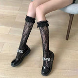 Cute Bow Lace Top Thigh High Stockings Elastic Women Hollow Out Fishnet Over Knee Bowknot Anime Cosplay Hosiery Sexy Lingerie