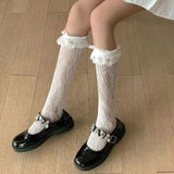 Cute Bow Lace Top Thigh High Stockings Elastic Women Hollow Out Fishnet Over Knee Bowknot Anime Cosplay Hosiery Sexy Lingerie