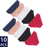 10Pcs/set Cotton Panties Women Sexy Floral Lace Panty Underwear Lingerie Solid Color Female Underpants Intimates Lady 2021 New