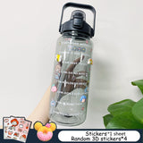 2L Large Capacity Water Bottle With Bounce Cover Time Scale Reminder Frosted Cup With Cute Stickers For Outdoor Sports Fitness