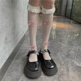 Cute Bow Lace Top Thigh High Stockings Elastic Women Hollow Out Fishnet Over Knee Bowknot Anime Cosplay Hosiery Sexy Lingerie